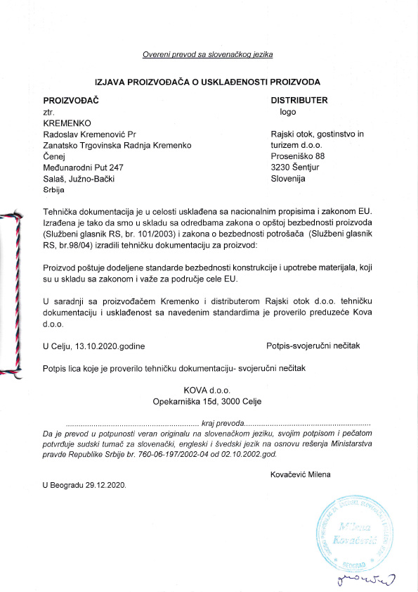 Izjava proizvođača o usklađenosti mobilnih termo kućica